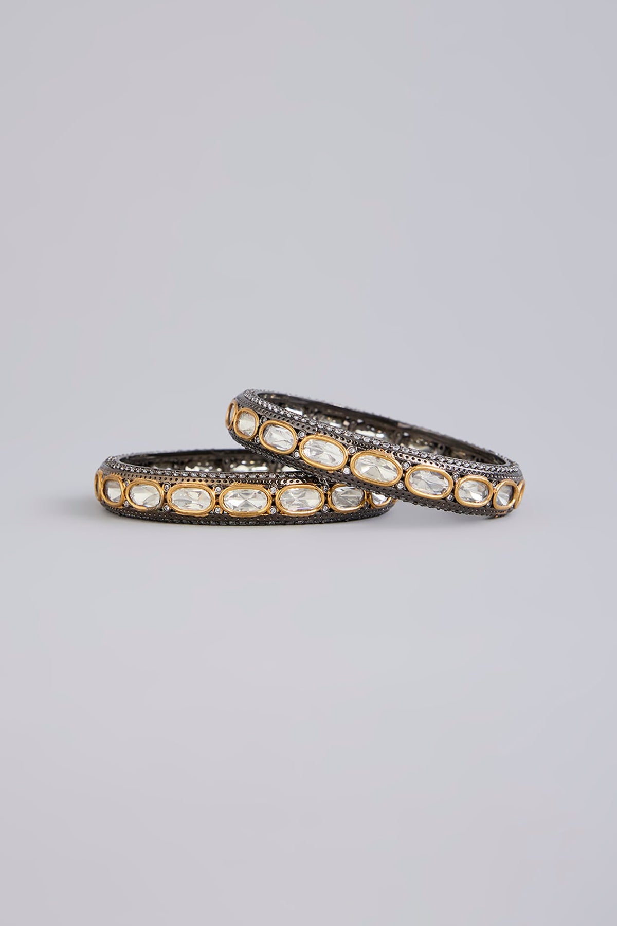 Black Rhodium Finish Kundan Polki & Zircon Bangles (Set Of 2)