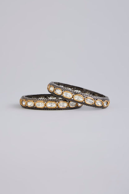 Black Rhodium Finish Kundan Polki & Zircon Bangles (Set Of 2)