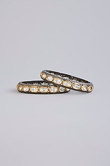 Black Rhodium Finish Kundan Polki & Zircon Bangles (Set Of 2)