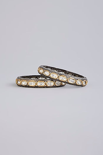Black Rhodium Finish Kundan Polki & Zircon Bangles (Set Of 2)