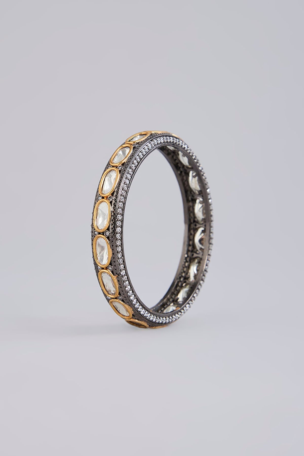 Black Rhodium Finish Kundan Polki & Zircon Bangles (Set Of 2)