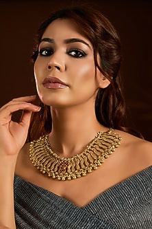 Gold Finish Ruby & Beaded Choker Necklace