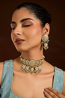 Gold Finish Kundan Polki & Pearl Beaded Choker Necklace Set