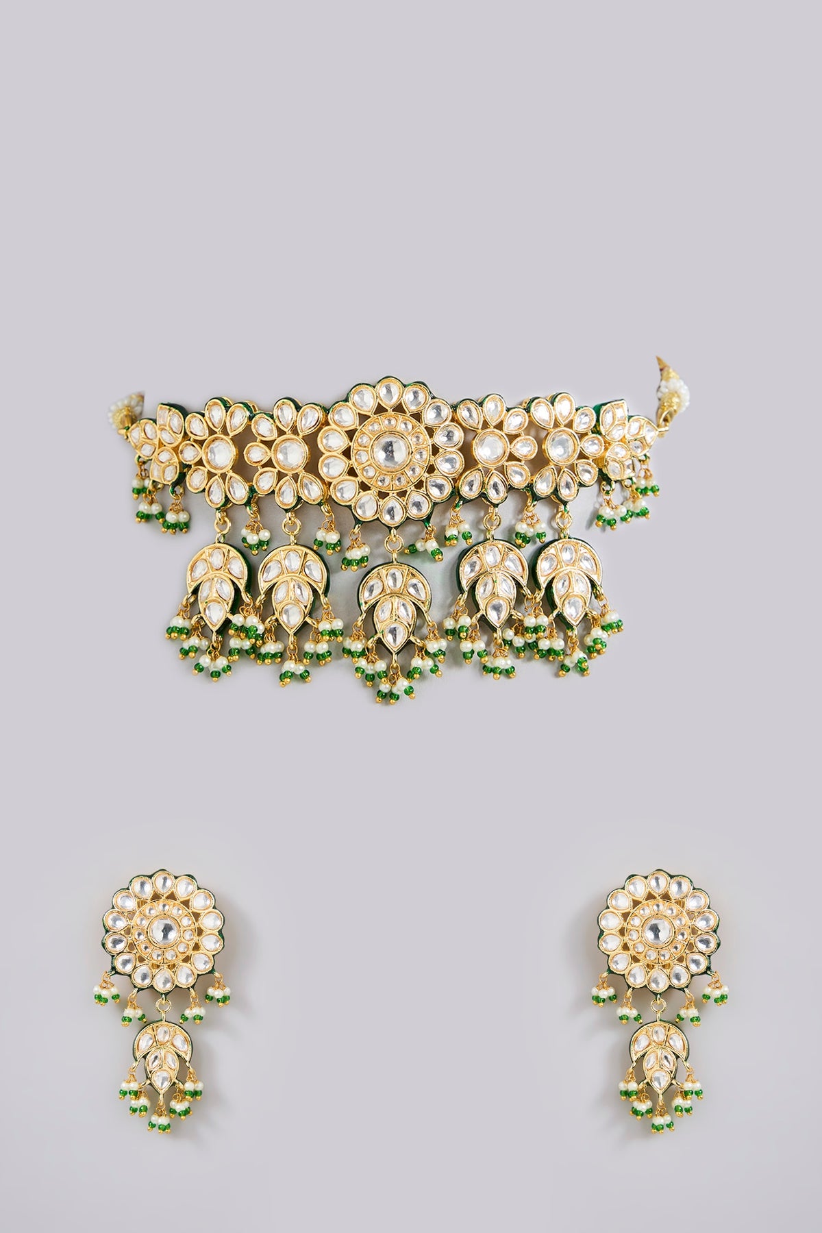Gold Finish Kundan Polki & Pearl Beaded Choker Necklace Set