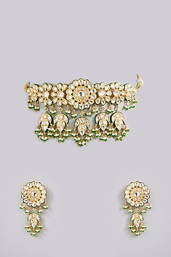 Gold Finish Kundan Polki & Pearl Beaded Choker Necklace Set