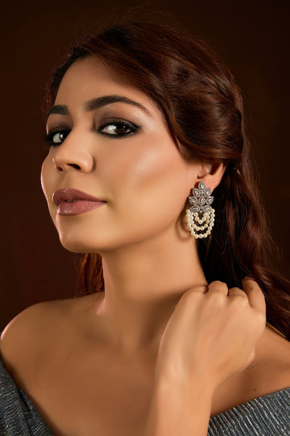 Silver Finish Pearl & Zircon Dangler Earrings