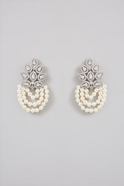 Silver Finish Pearl & Zircon Dangler Earrings