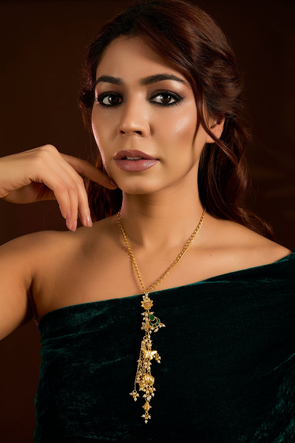 Gold Finish Emerald & Beaded Long Necklace