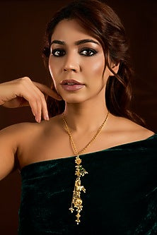 Gold Finish Emerald & Beaded Long Necklace