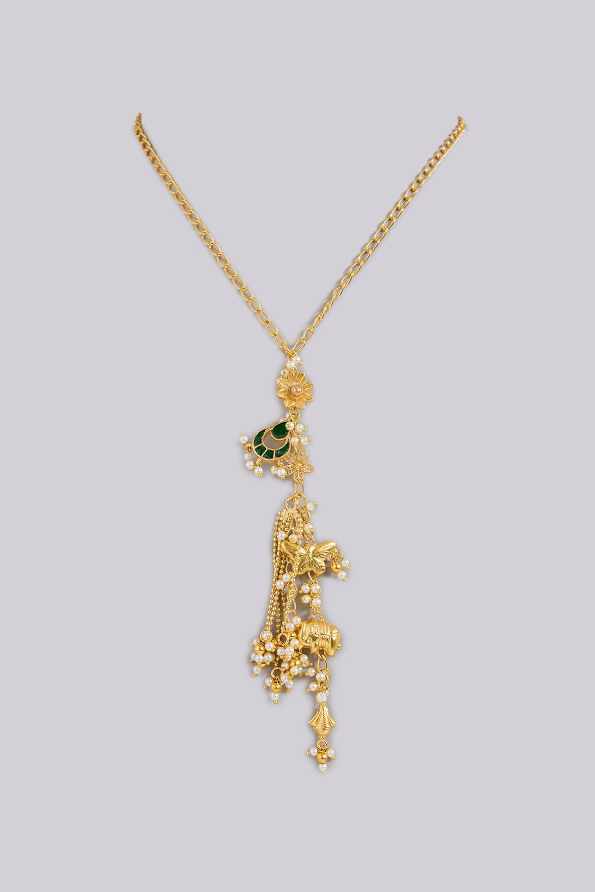 Gold Finish Emerald & Beaded Long Necklace