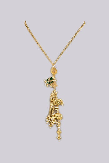 Gold Finish Emerald & Beaded Long Necklace