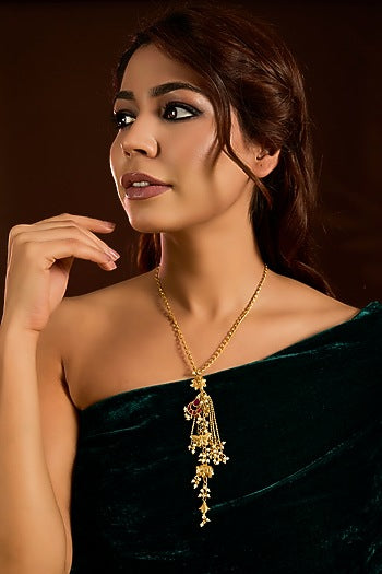 Gold Finish Ruby & Carved Beaded Long Necklace