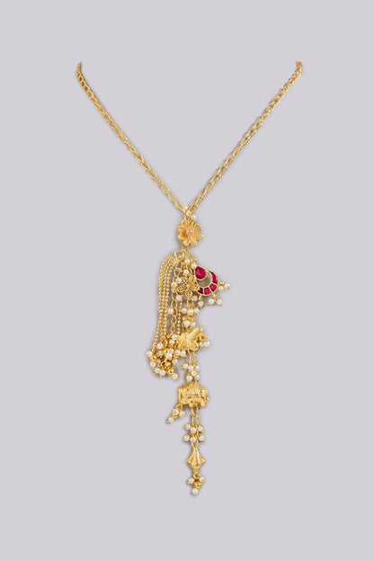 Gold Finish Ruby & Carved Beaded Long Necklace