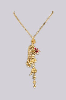 Gold Finish Ruby & Carved Beaded Long Necklace