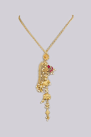 Gold Finish Ruby & Carved Beaded Long Necklace