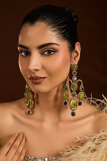 Gold Finish Emerald & Leaf Green Stone Dangler Earrings
