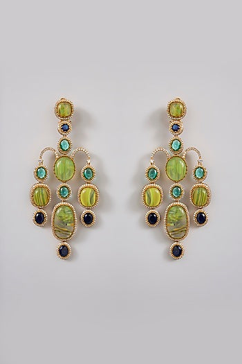 Gold Finish Emerald & Leaf Green Stone Dangler Earrings