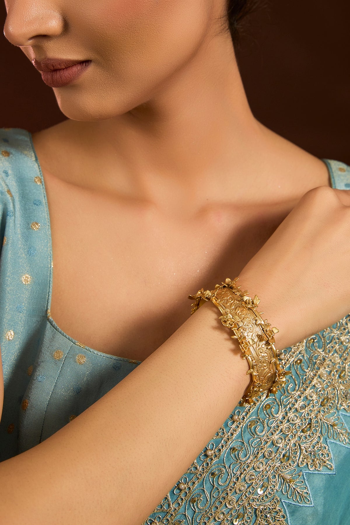 Gold Finish Carved Adjustable Bangle