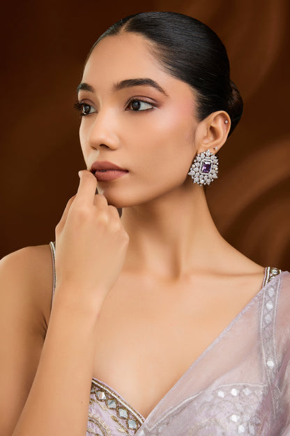 White Finish Purple Stone Stud Earrings