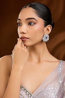 White Finish Purple Stone Stud Earrings