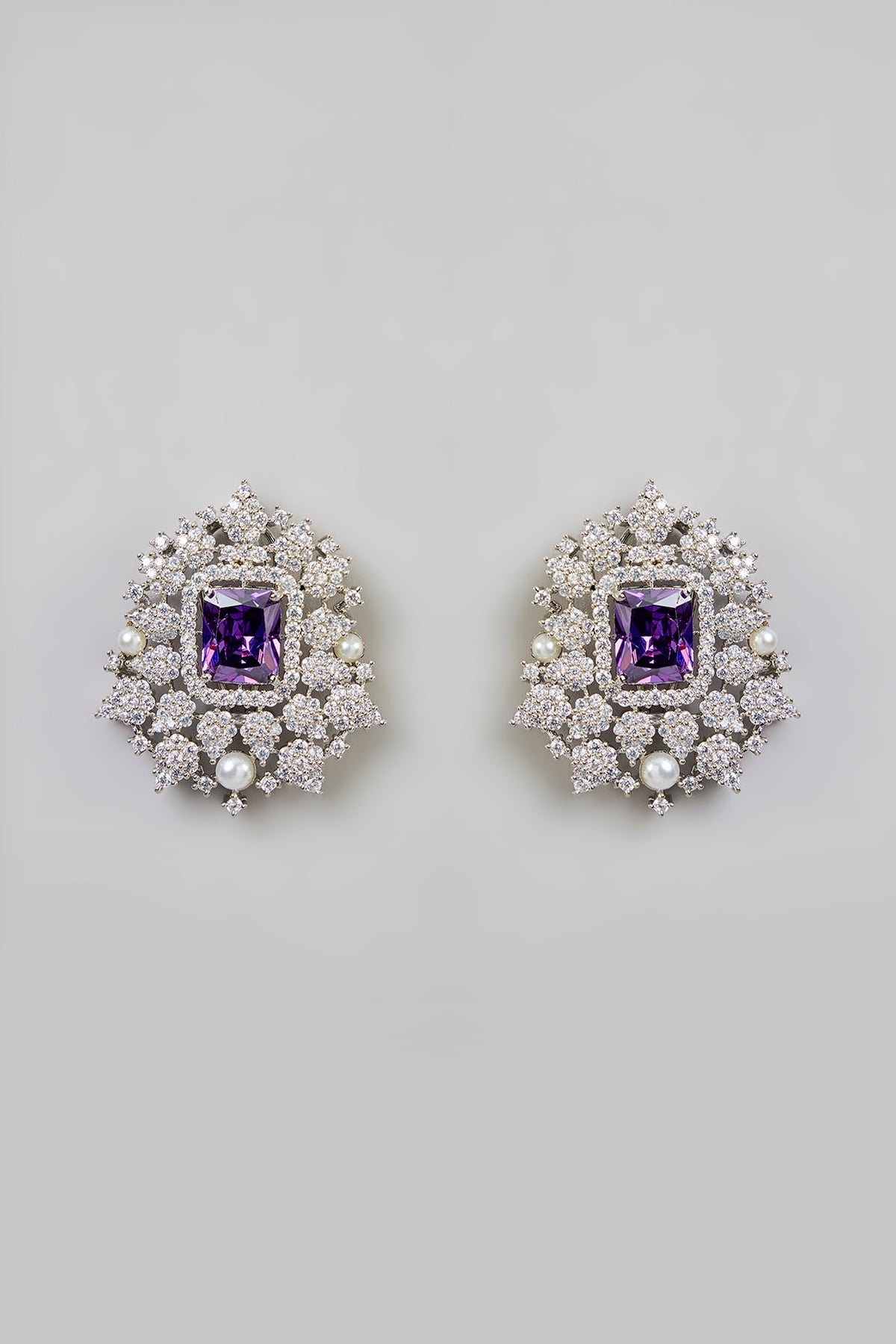White Finish Purple Stone Stud Earrings