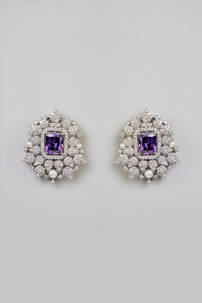 White Finish Purple Stone Stud Earrings