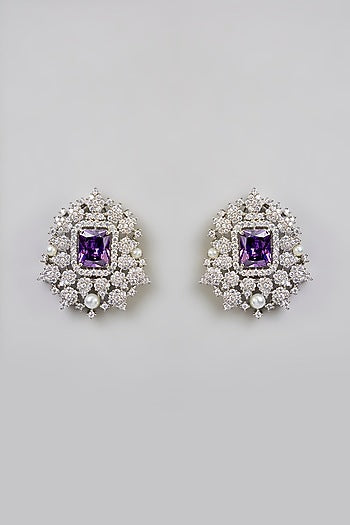 White Finish Purple Stone Stud Earrings
