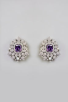 White Finish Purple Stone Stud Earrings