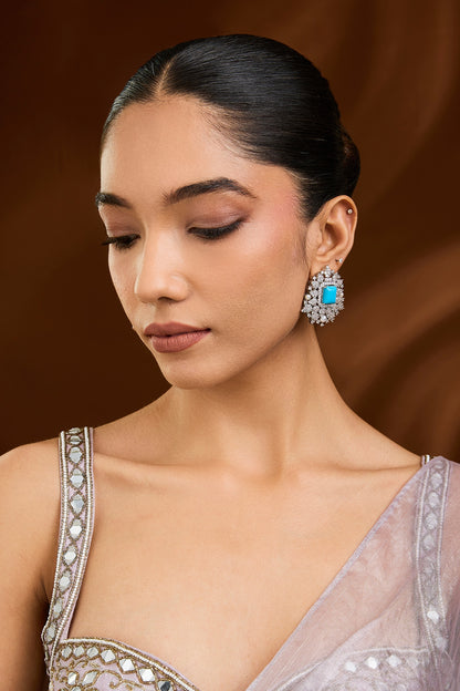 White Finish Blue Stone Stud Earrings
