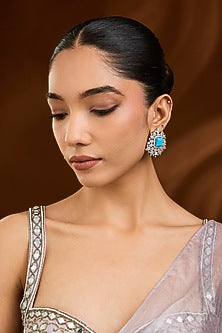 White Finish Blue Stone Stud Earrings