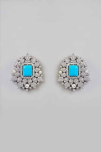 White Finish Blue Stone Stud Earrings