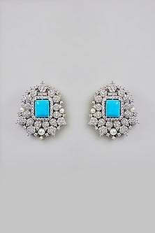 White Finish Blue Stone Stud Earrings