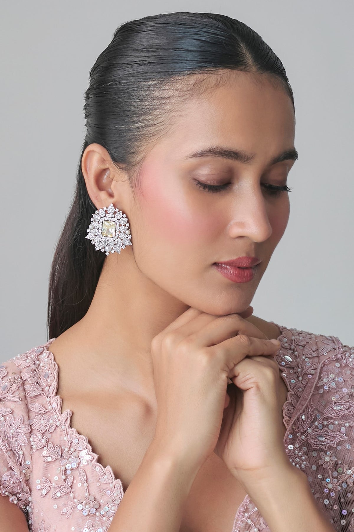 White Gold Finish Zircon Stud Earrings
