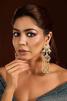 Gold Finish Ruby Stone & Pearl Dangler Earrings