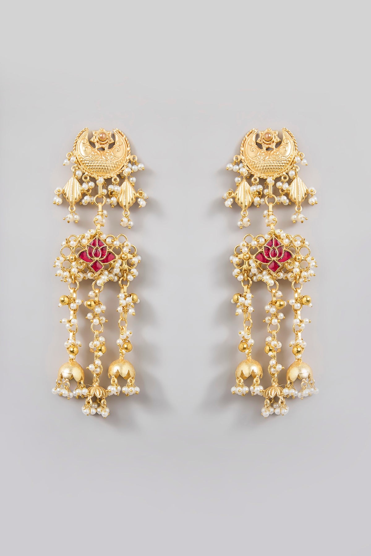 Gold Finish Ruby Stone & Pearl Dangler Earrings