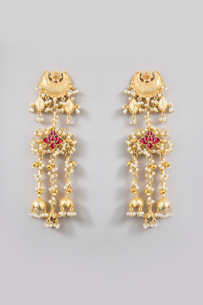 Gold Finish Ruby Stone & Pearl Dangler Earrings
