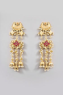 Gold Finish Ruby Stone & Pearl Dangler Earrings