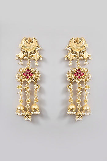 Gold Finish Ruby Stone & Pearl Dangler Earrings