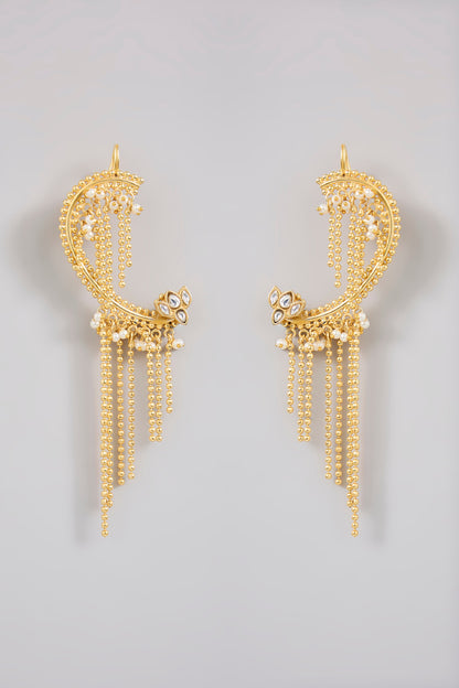 Gold Finish Kundan Polki & Beaded Ear-Cuffs