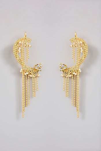 Gold Finish Kundan Polki & Beaded Ear-Cuffs