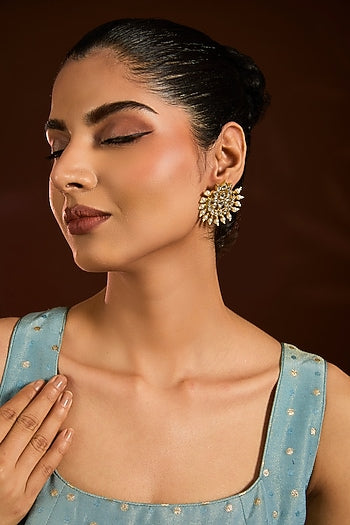 Gold Finish Kundan Polki & Pearl Stud Earrings