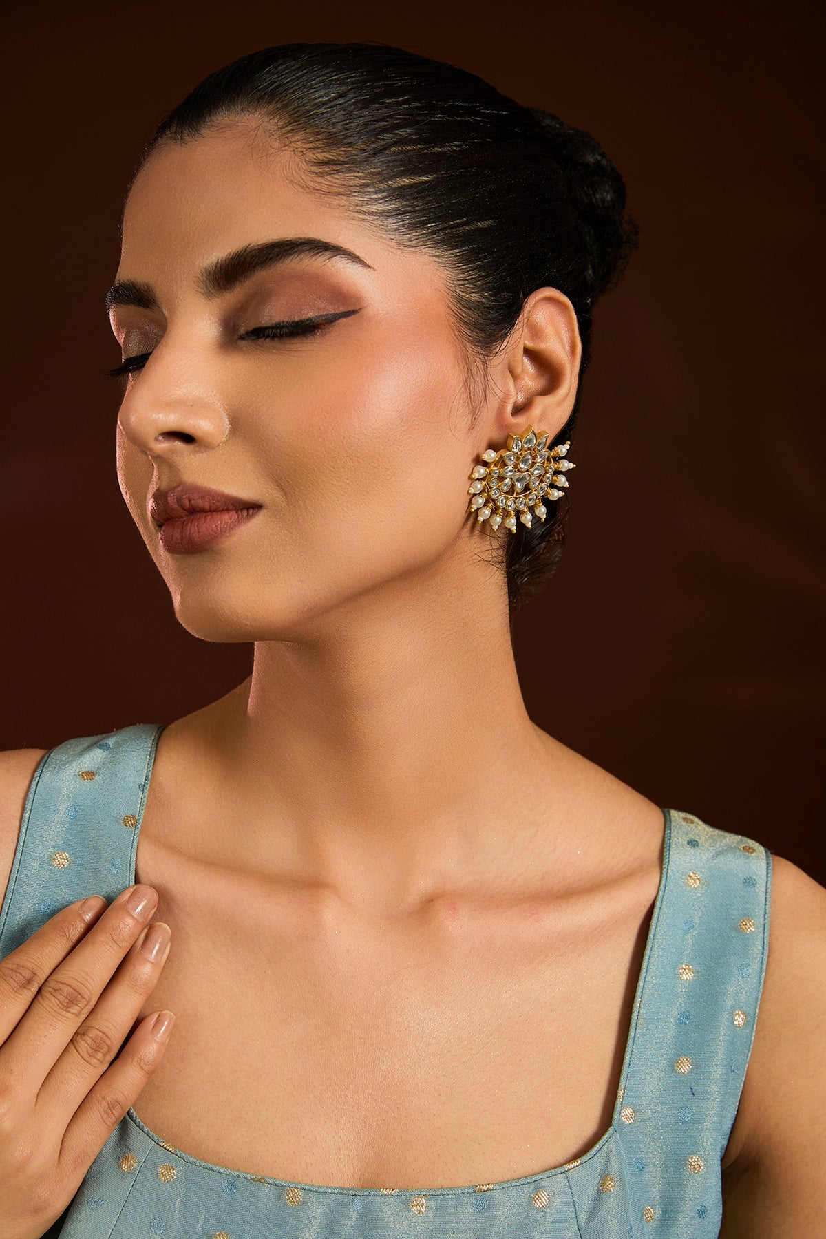 Gold Finish Kundan Polki & Pearl Stud Earrings