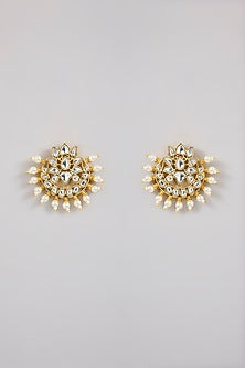 Gold Finish Kundan Polki & Pearl Stud Earrings