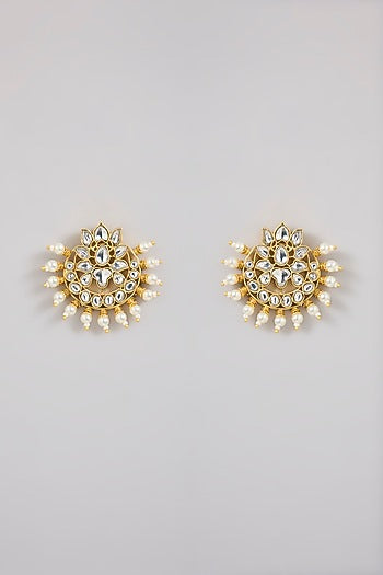 Gold Finish Kundan Polki & Pearl Stud Earrings