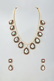 Gold Finish Kundan Polki Red & Green Meenakari Long Necklace Set