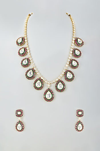 Gold Finish Kundan Polki Red & Green Meenakari Long Necklace Set