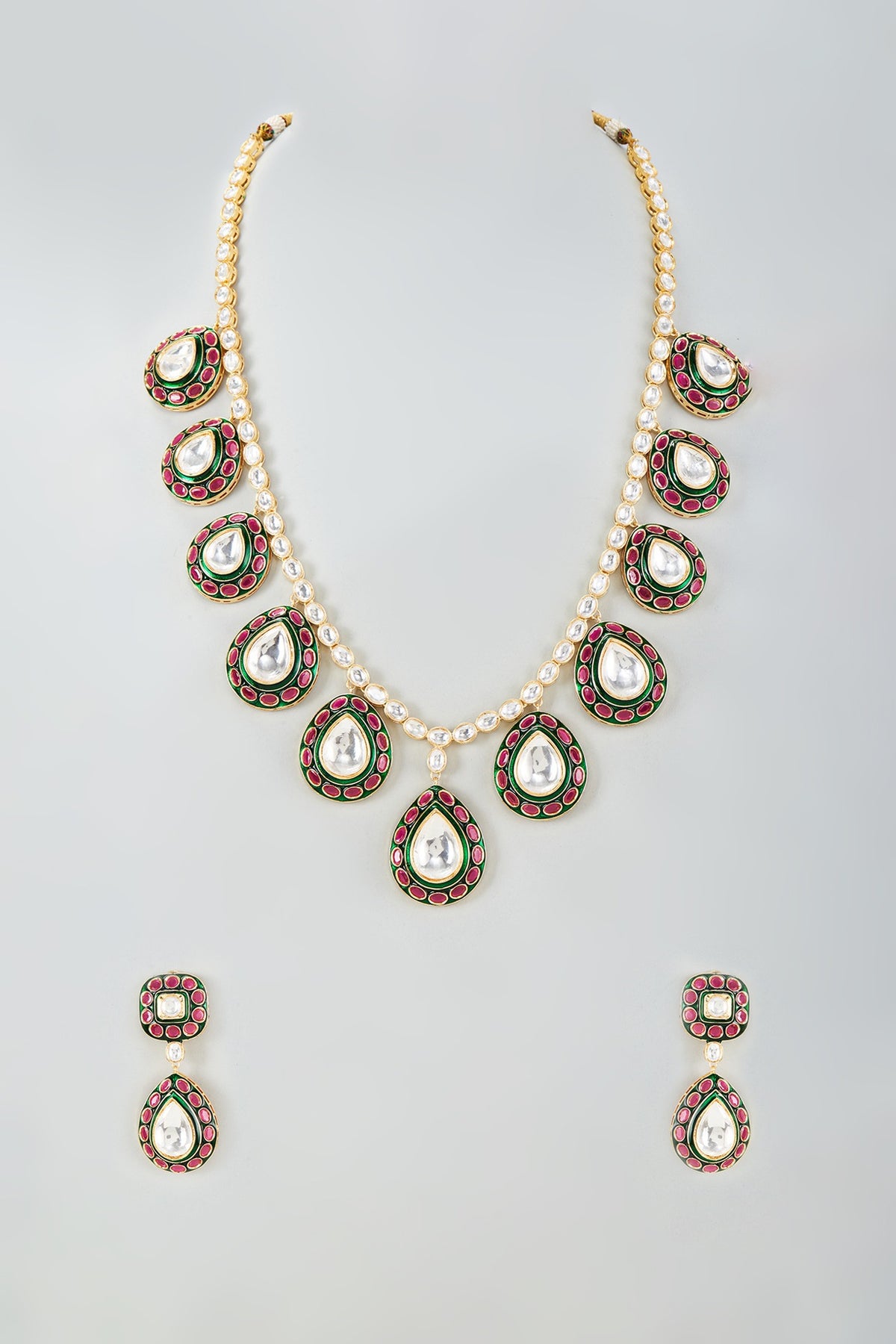 Gold Finish Kundan Polki Red & Green Meenakari Long Necklace Set