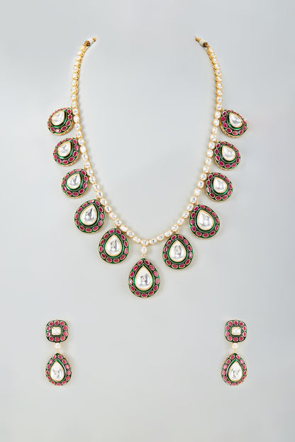 Gold Finish Kundan Polki Red & Green Meenakari Long Necklace Set