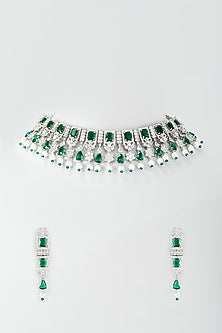 Silver Finish Zircon & Emerald Stone Choker Necklace Set