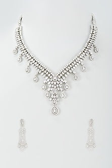 Silver Finish Zircon Long Necklace Set